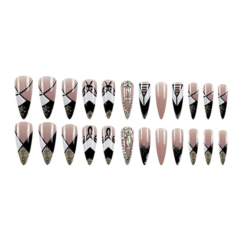 SINHOT Press on Nails Long Stiletto Luxury Rhinestone Fake Nails Glossy Glue on Nail Black Acrylic Nail Almond Bling Gold Glitter Stick on False Nail with Design 24 pcs - Image 3